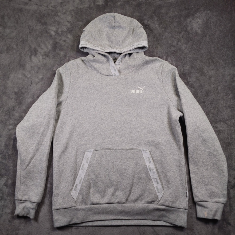 PUMA Essentials Womens Grey Hoodie Sweatshirt Pullover Logo Tape 846858 Large
